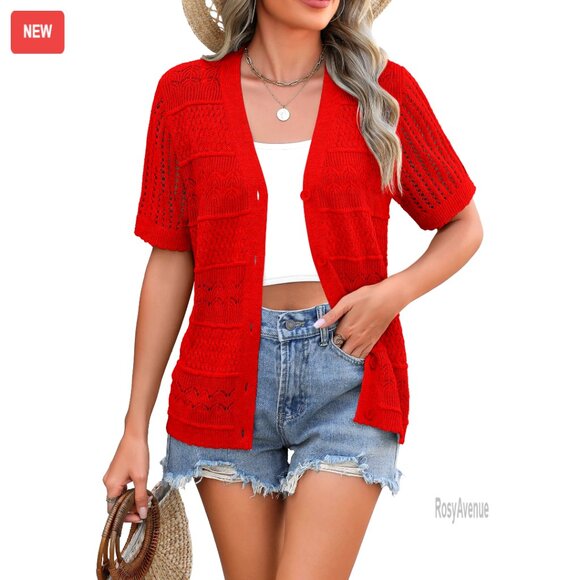 Sweaters - Crochet Cardigan Shrug V-Neck Cropped Lightweight Summer Boho Chic Button Up